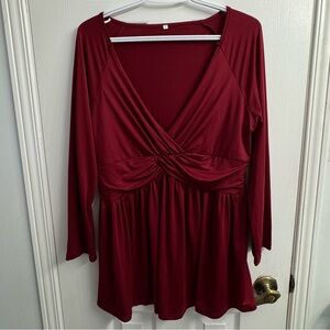 Women's Elegant Burgundy Long Sleeve Wrap Top - Size 2XL
